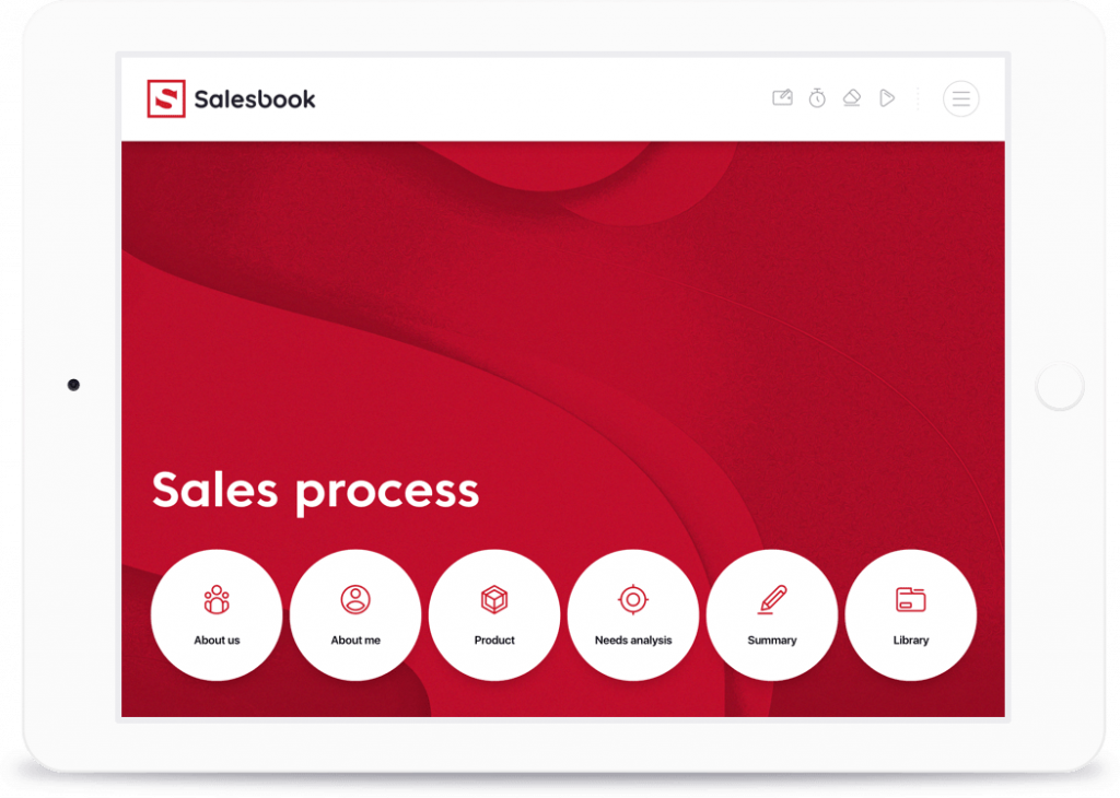 On the main screen of the sales application, icons with short descriptions play a navigational role.   